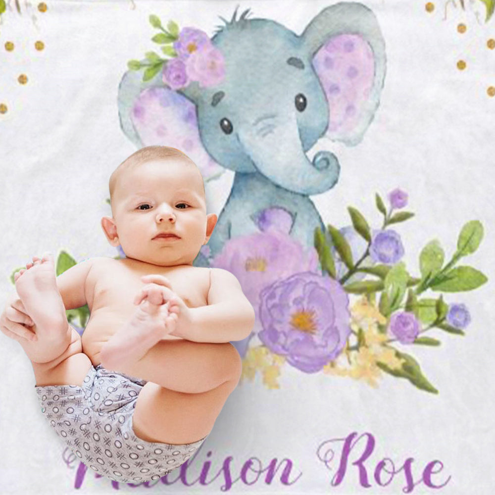 Custom Name Elephant Baby Girl Blanket