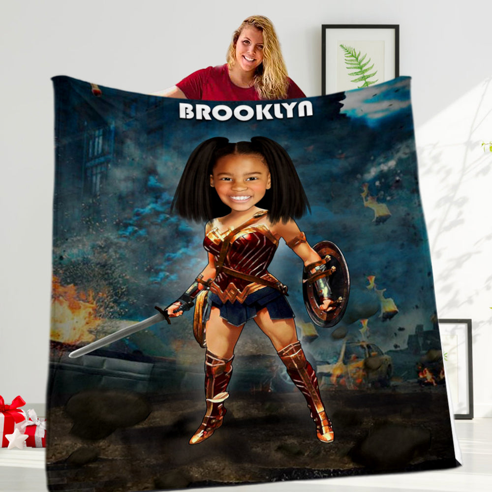 Personalized Hand-Drawing Kid's Photo Portrait Fleece Blanket Wonder Woman Portrait