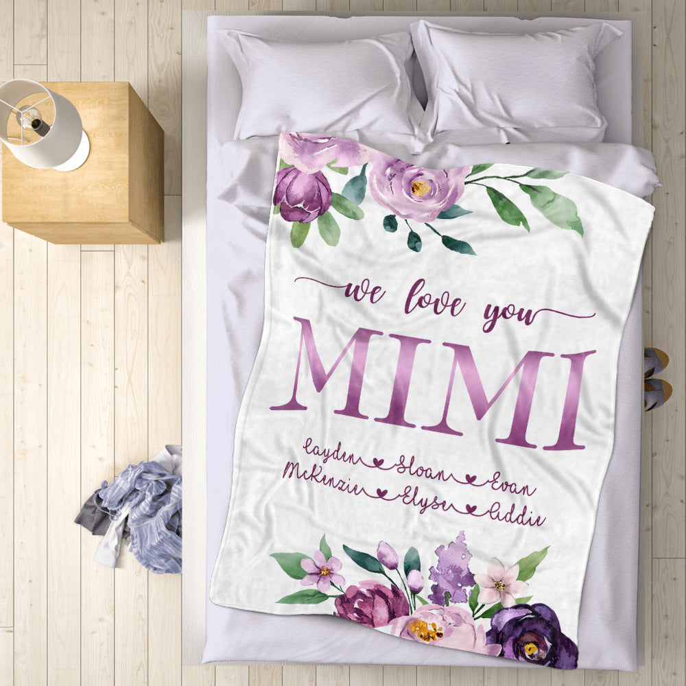 Custom Purple Floral Cozy Plush Fleece Blankets with Your Nick & Kids' Names