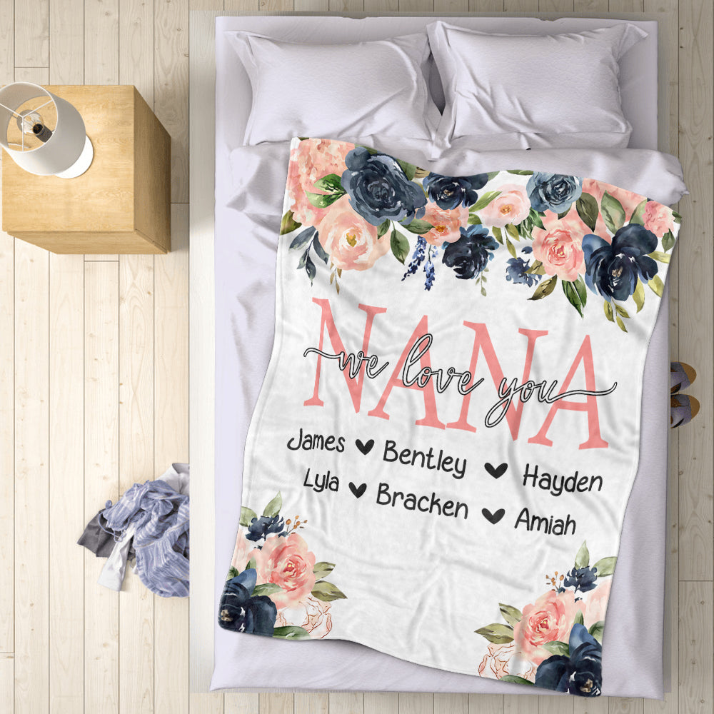 Custom Watercolor Floral Cozy Plush Fleece Blankets with Your Nick & Kids' Names