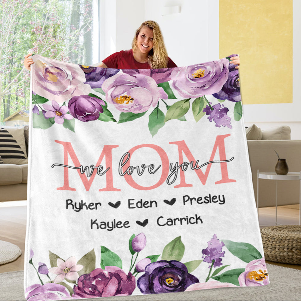 Personalized Purple Floral Cozy Plush Fleece Blankets with Your Nick & Kids' Names