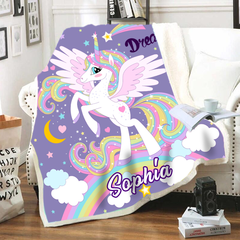 Custom Unicorn Sherpa Blanket with Name II, Personalized Baby Girl Blankets, Personalized Name Blankets