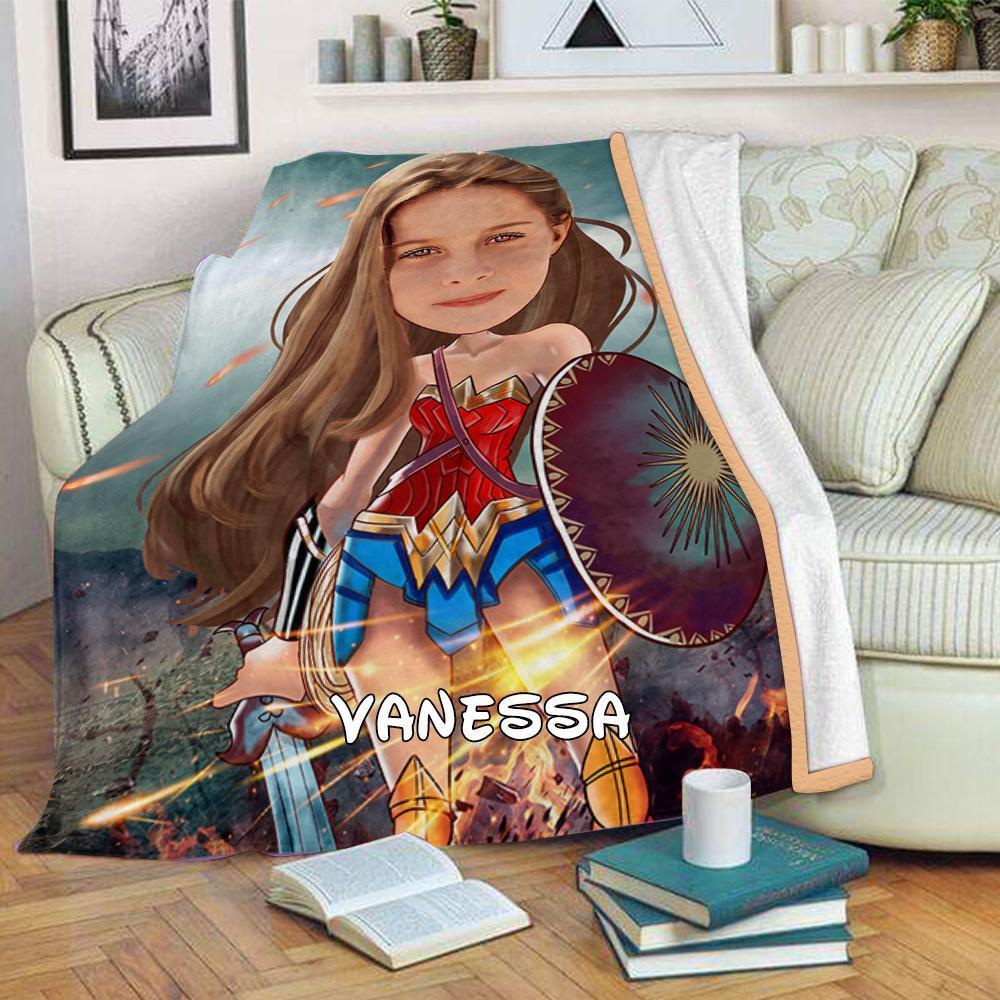 Personalized Wonder Woman Hand-Drawing Kid's Photo Portrait Fleece Blanket--Made in USA!