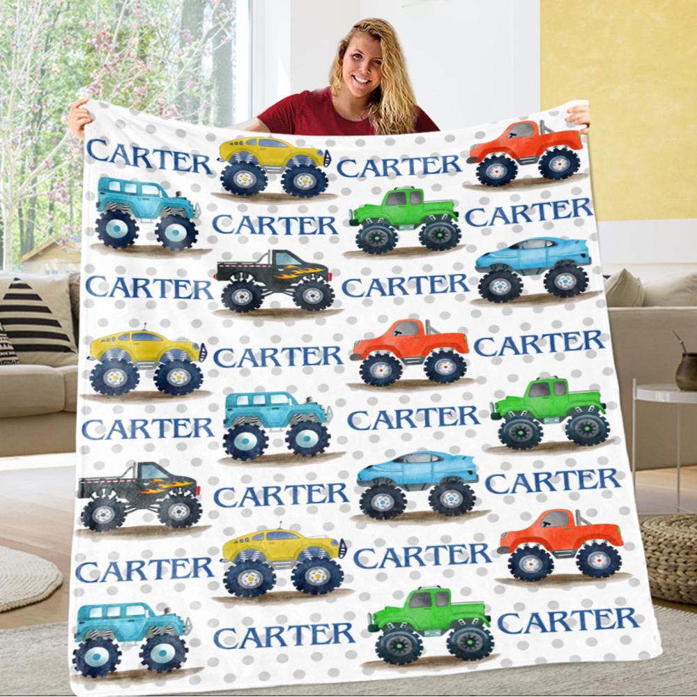 Personalized Name Monster Trucks Fleece Blankets, Birthday Gifts, New Baby Gift, Baby Nursery Decor