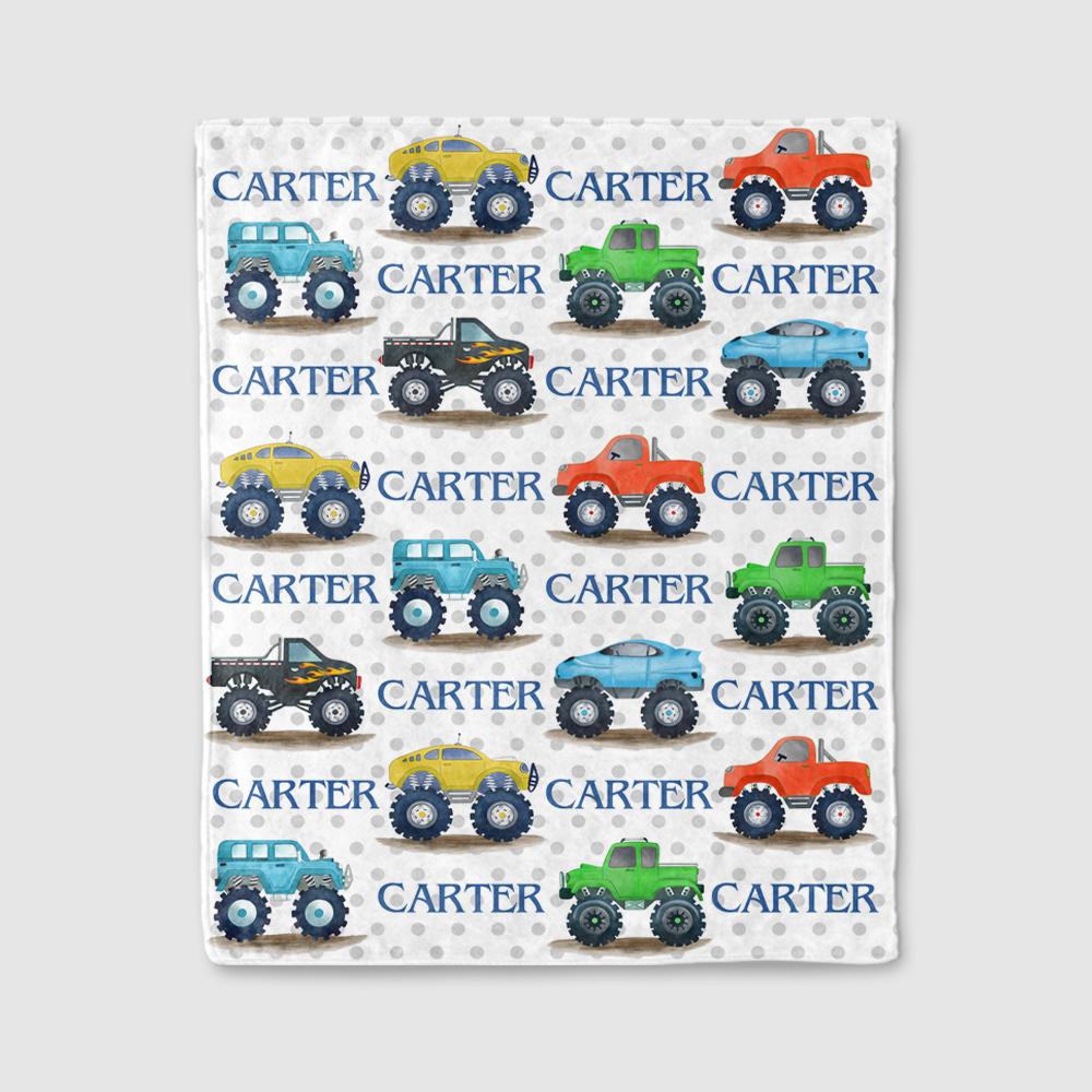 Personalized Name Monster Trucks Fleece Blankets, Birthday Gifts, New Baby Gift, Baby Nursery Decor