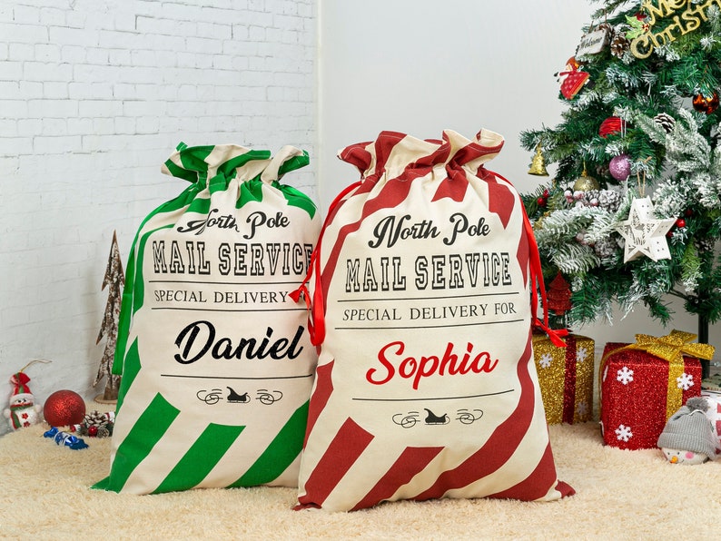 Custom Santa Sack Personalized Monogram Christmas Bag with Name Christmas Gift Bag Canvas Santa Bag for Kids Family Santa Sack for Gift Tote