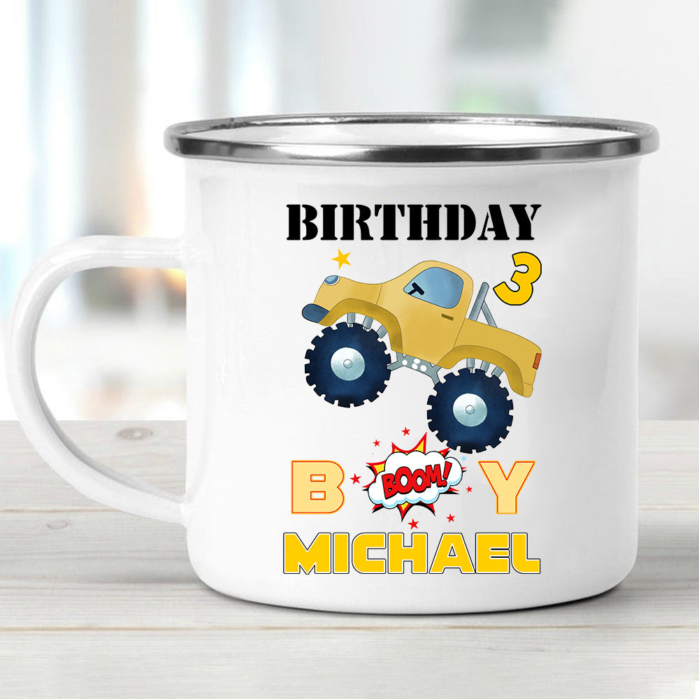 Custom Name Monster Truck Children's Birthday Enamel Campfire Mug V