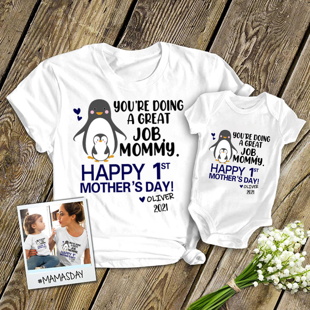 Custom Name Penguin Baby Onesie and Matching Mom Shirt - Perfect Mother's Day Gift