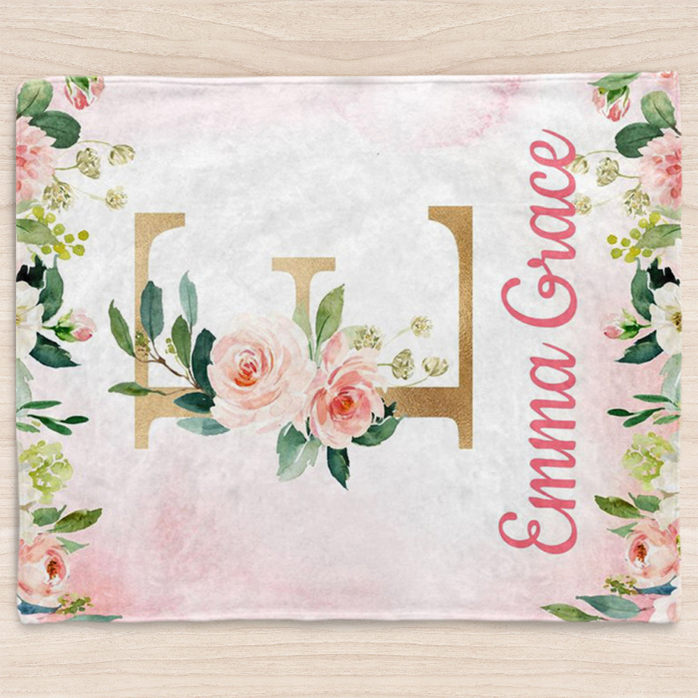 Custom Name Flower Baby Girl Blanket