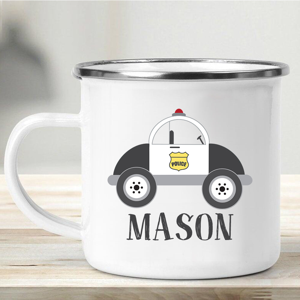 Custom Name Police Car Children's Enamel Campfire Mug I