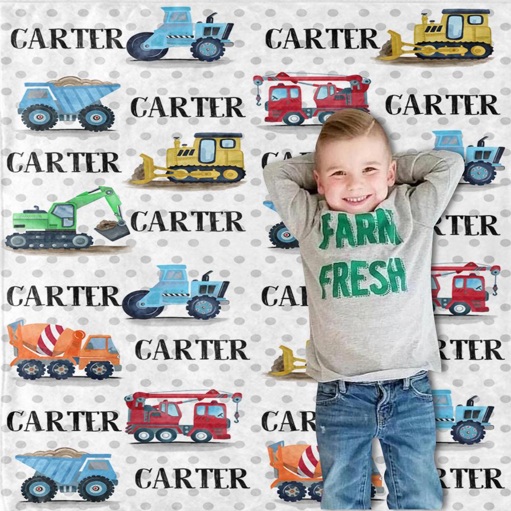 Personalized Name Trucks Fleece Blankets, Birthday Gifts, Baby Nursery Decor