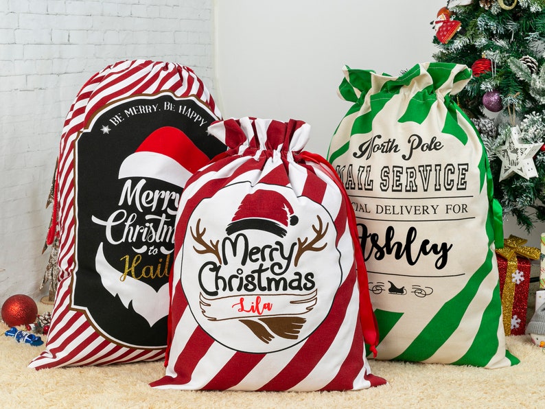 Custom Santa Sack Personalized Monogram Christmas Bag with Name Christmas Gift Bag Canvas Santa Bag for Kids Family Santa Sack for Gift Tote