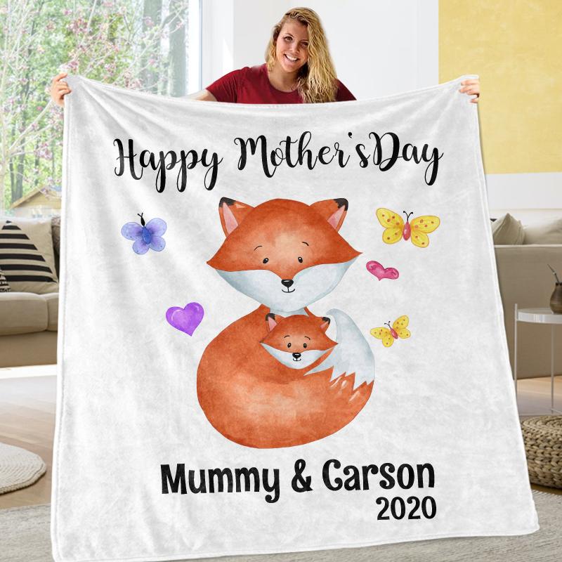 Custom Fox Mother's Day Cozy Plush Fleece Blankets