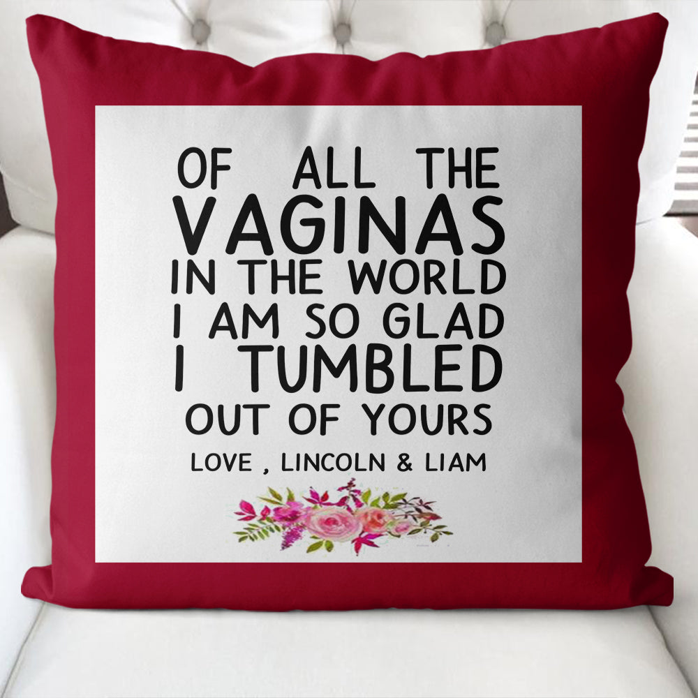 Funny Custom Name Pillow Case – Of All the Vaginas in The World I am So Glad I Tumbled Out of Yours