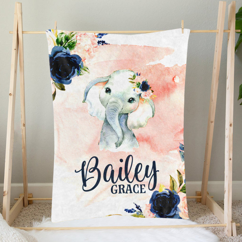 Custom Name Elephant Baby Boy and Girl Blanket