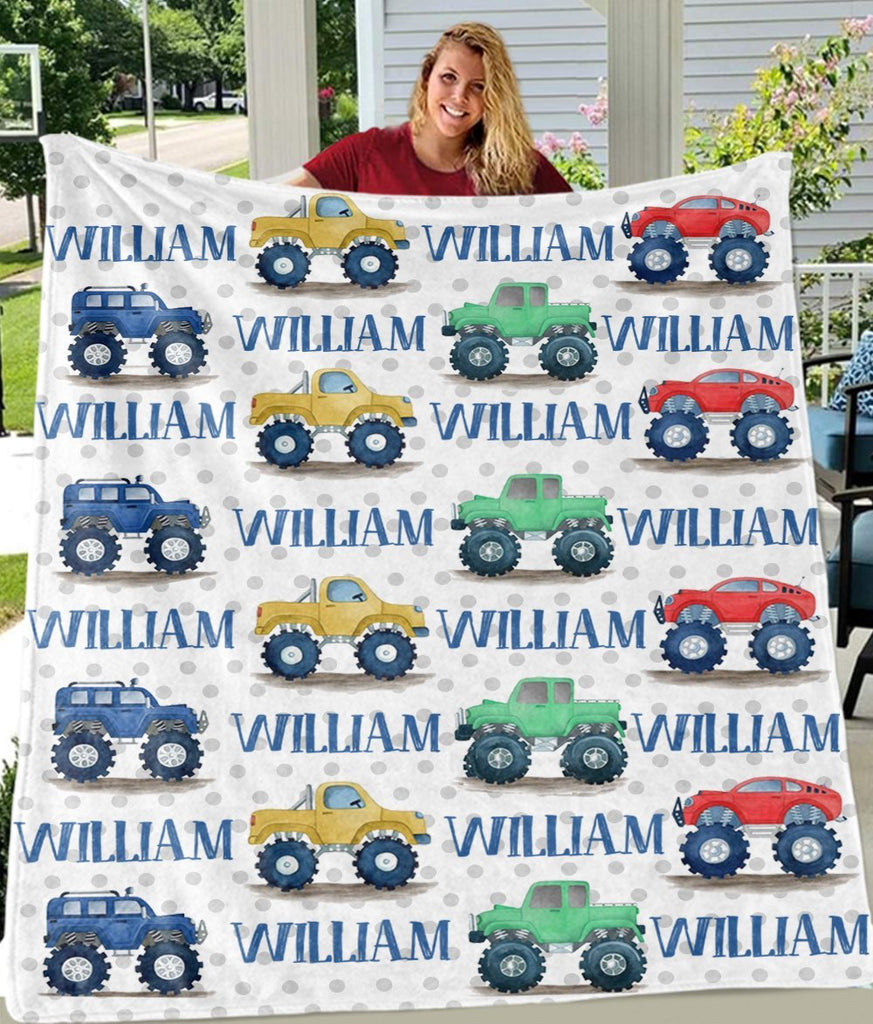 Personalized Name Monster Truck Cozy Plush Fleece Blankets