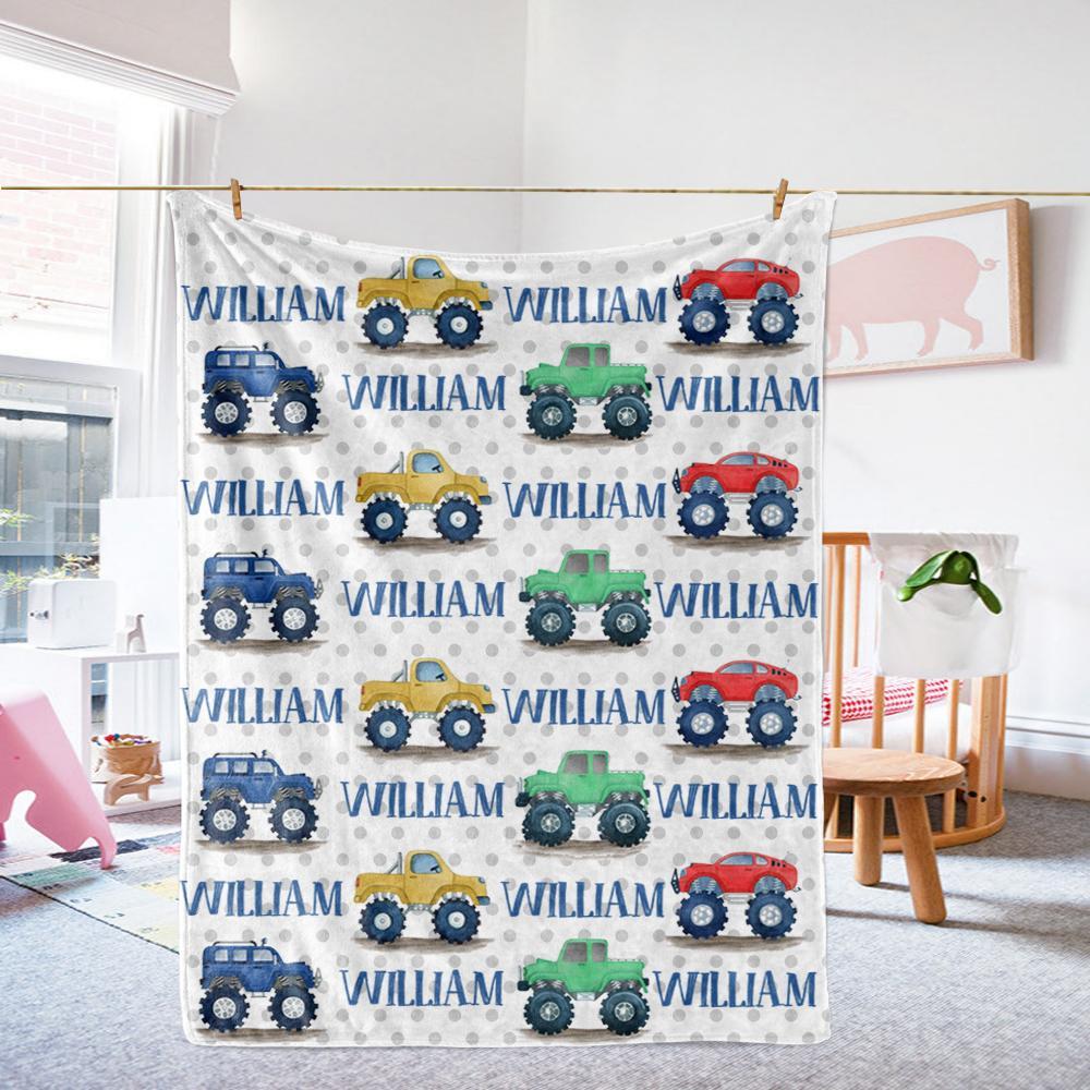 Personalized Name Monster Truck Cozy Plush Fleece Blankets