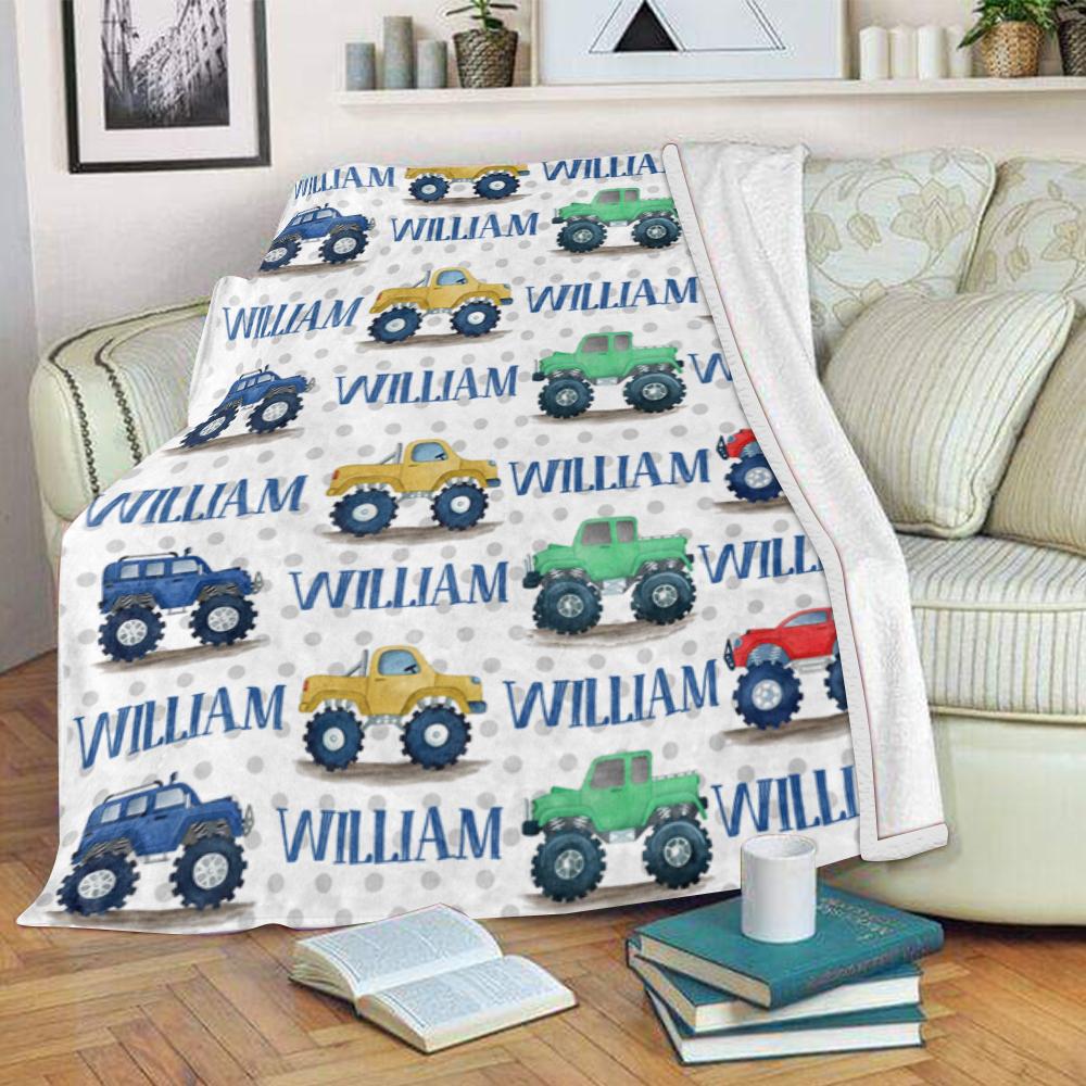 Personalized Name Monster Truck Cozy Plush Fleece Blankets