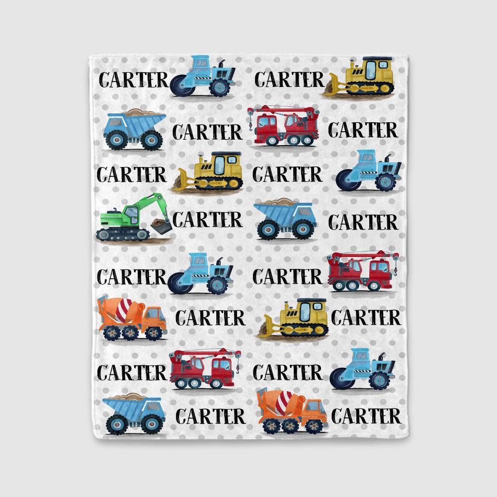 Personalized Name Construction Truck Cozy Plush Fleece Blankets