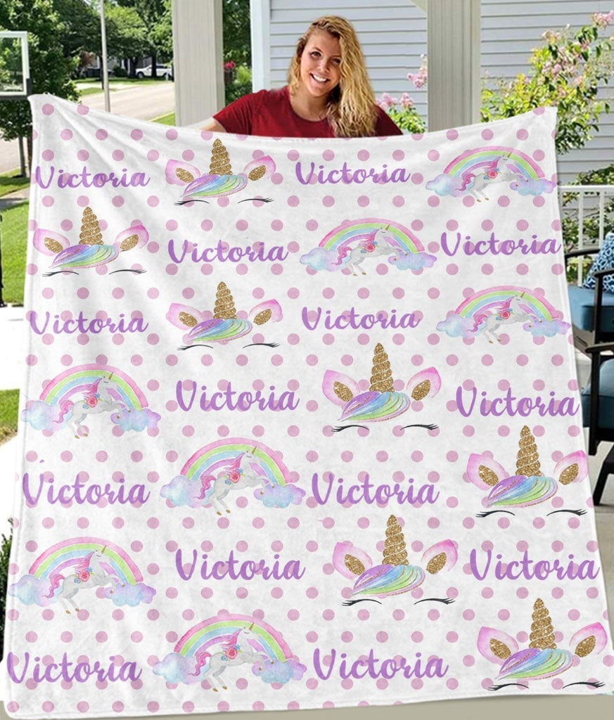 Personalized Name Unicorn Cozy Plush Fleece Blankets