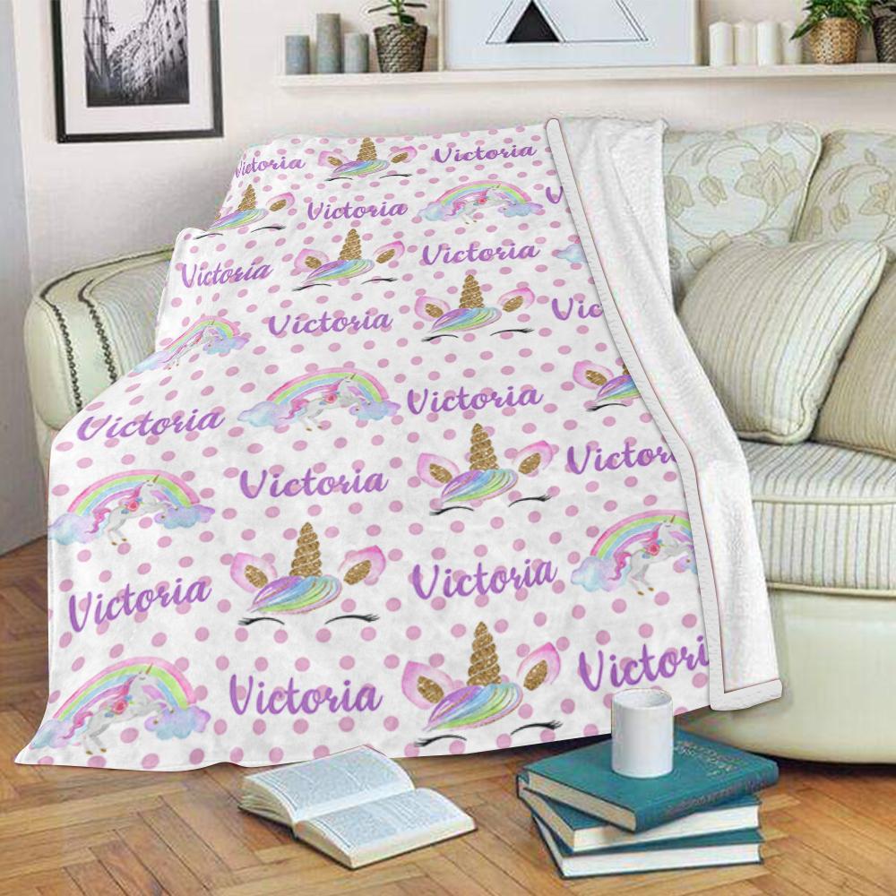 Personalized Name Unicorn Cozy Plush Fleece Blankets