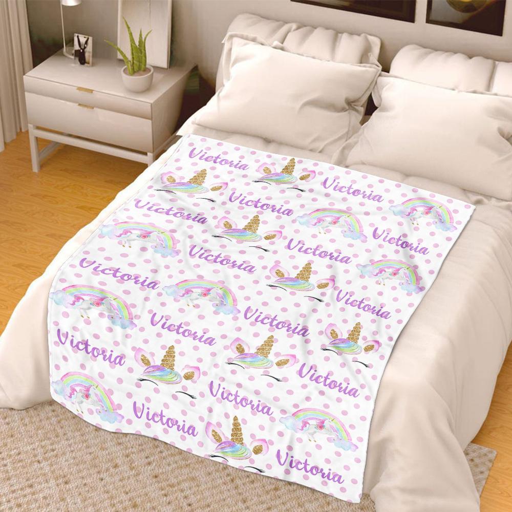 Personalized Name Unicorn Cozy Plush Fleece Blankets