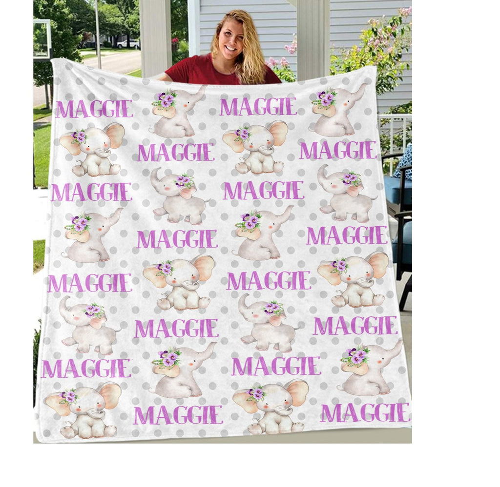 Personalized Name Purple Floral Elephant Fleece Blankets