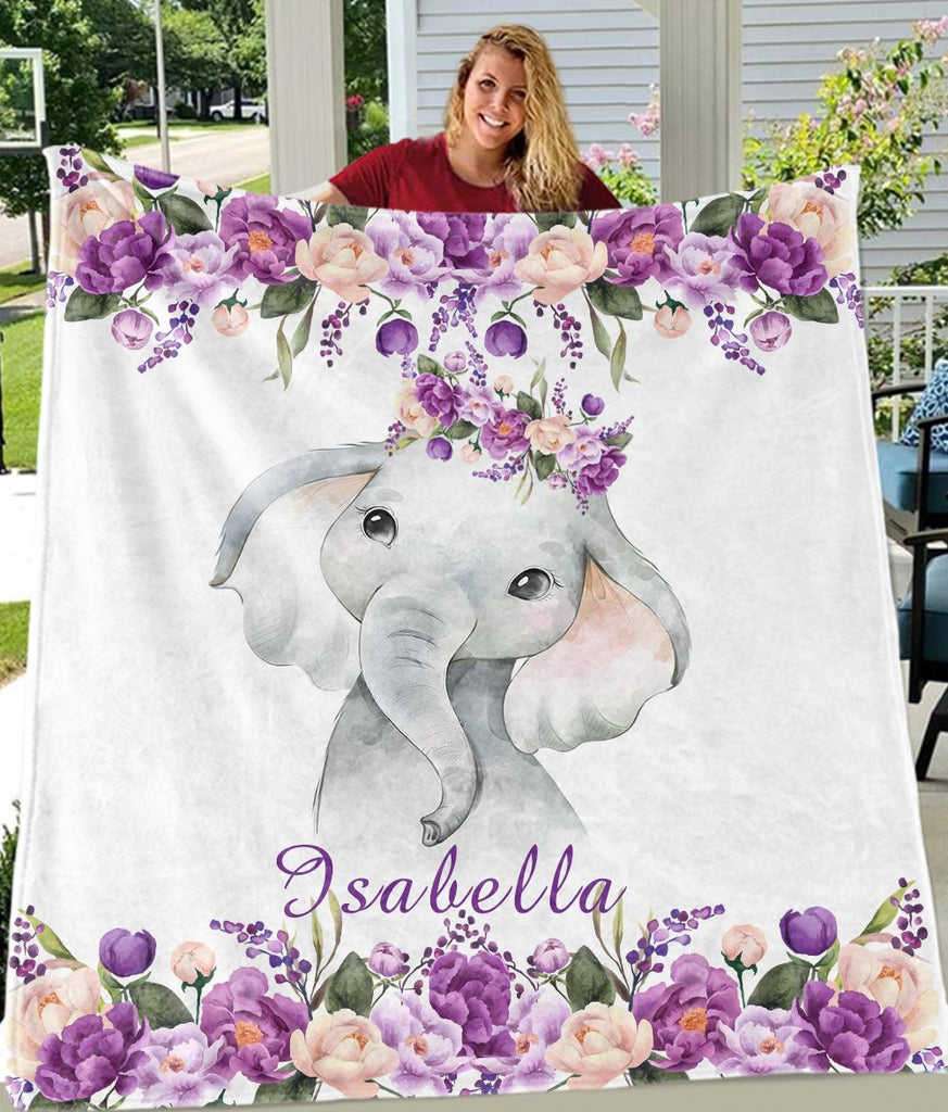 Personalized Name Baby Elephant Fleece Blankets with Purple Flowers