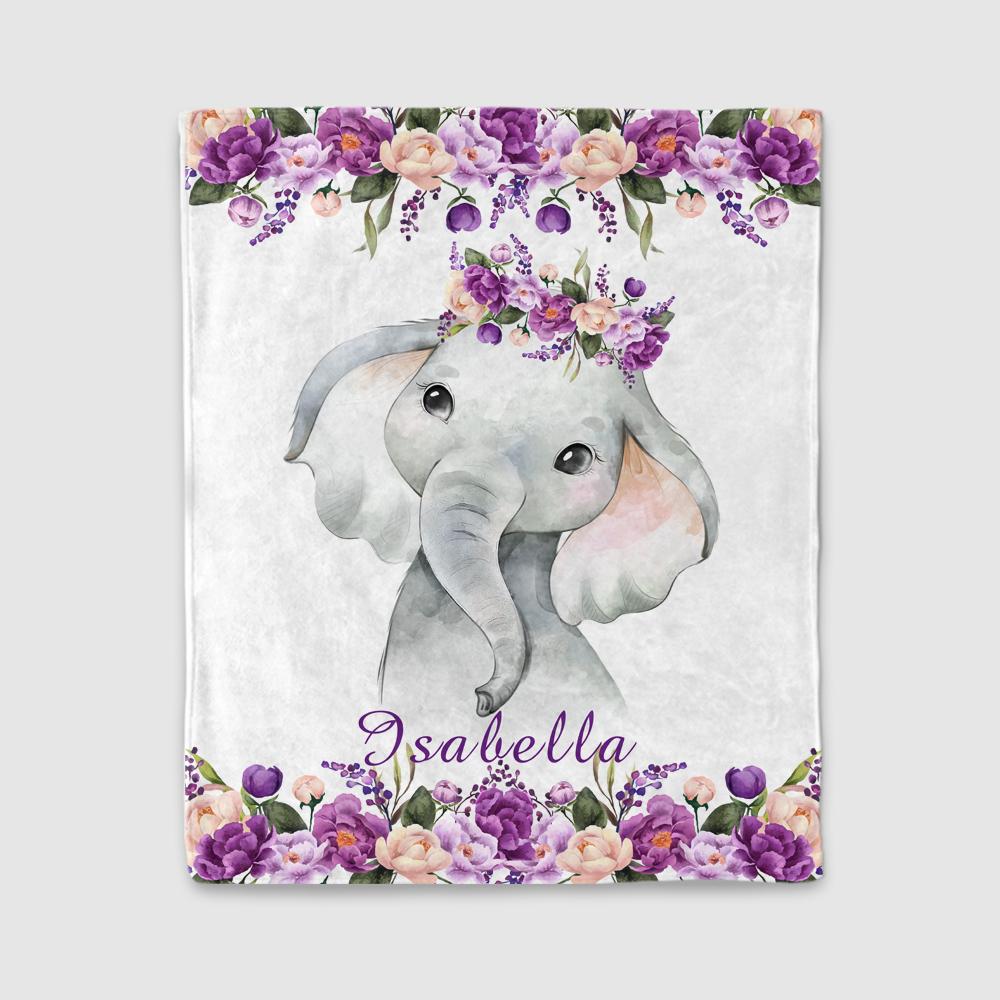Personalized Name Baby Elephant Fleece Blankets with Purple Flowers