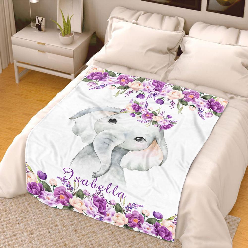 Personalized Name Baby Elephant Fleece Blankets with Purple Flowers