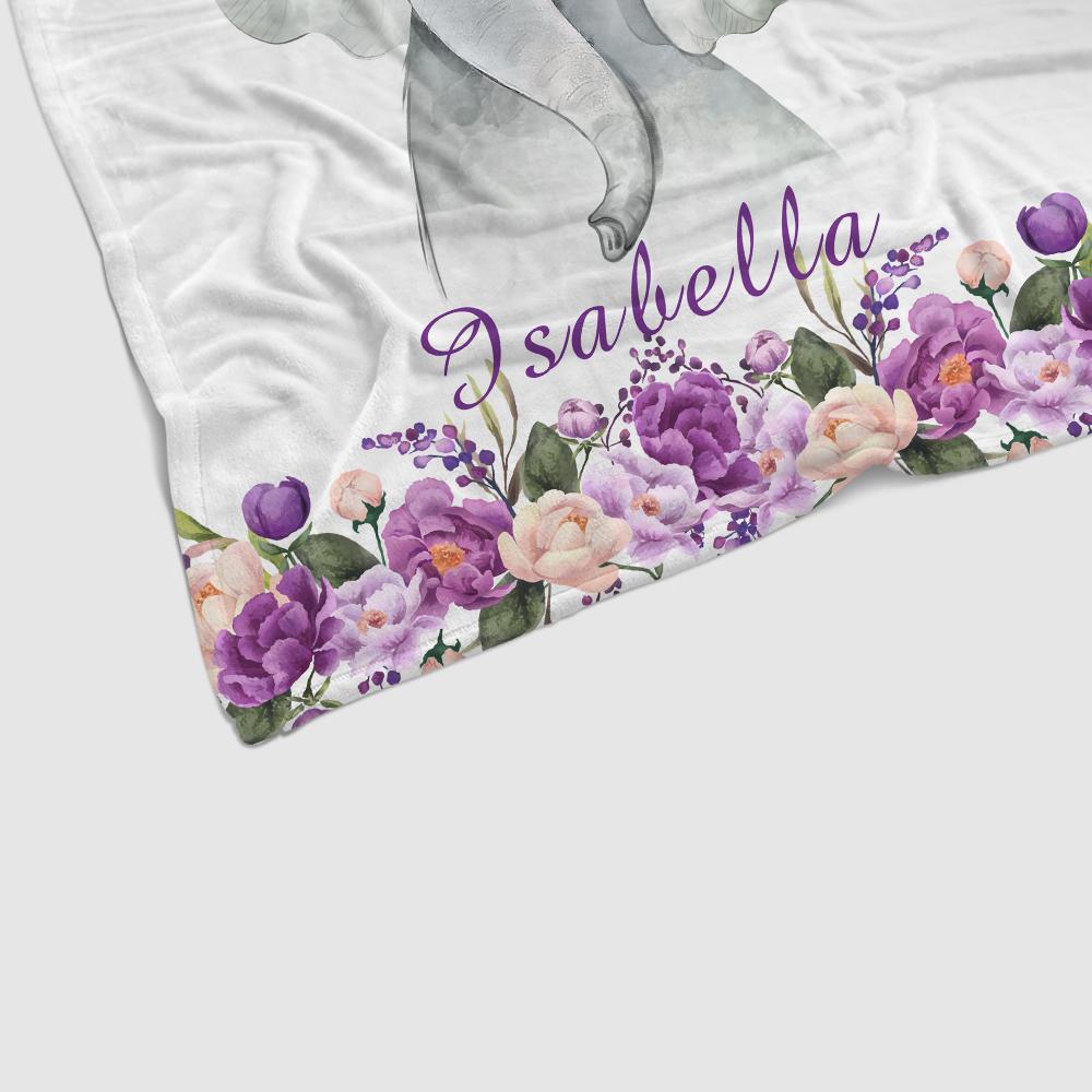 Personalized Name Baby Elephant Fleece Blankets with Purple Flowers