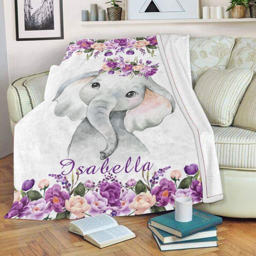 Personalized Name Baby Elephant Fleece Blankets with Purple Flowers