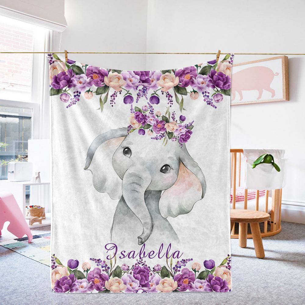 Personalized Name Baby Elephant Fleece Blankets with Purple Flowers