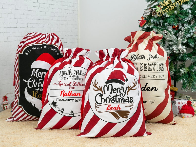 Custom Santa Sack Personalized Monogram Christmas Bag with Name Christmas Gift Bag Canvas Santa Bag for Kids Family Santa Sack for Gift Tote