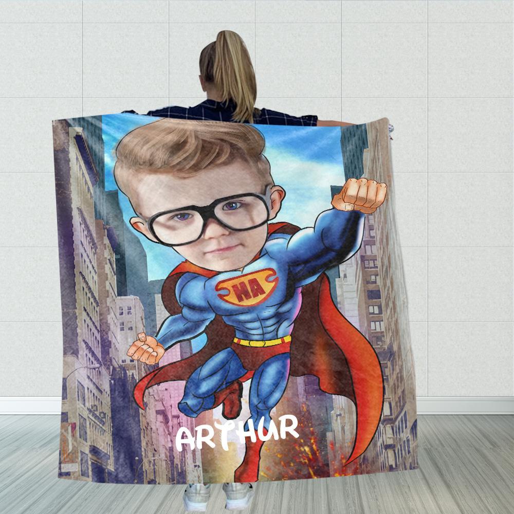 Personalized Hand-Drawing Kid's Photo Portrait Fleece Blanket VII--Made in USA!