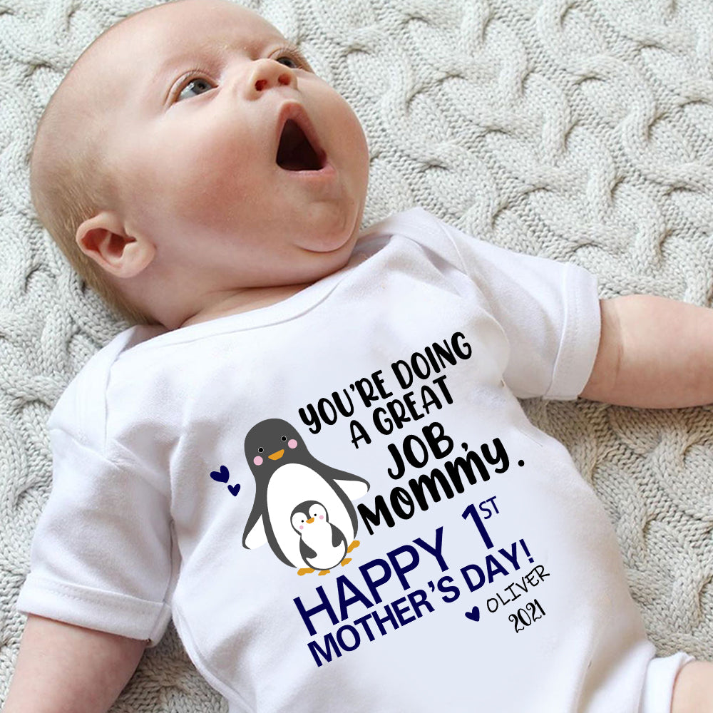 Custom Name Penguin Baby Onesie and Matching Mom Shirt - Perfect Mother's Day Gift