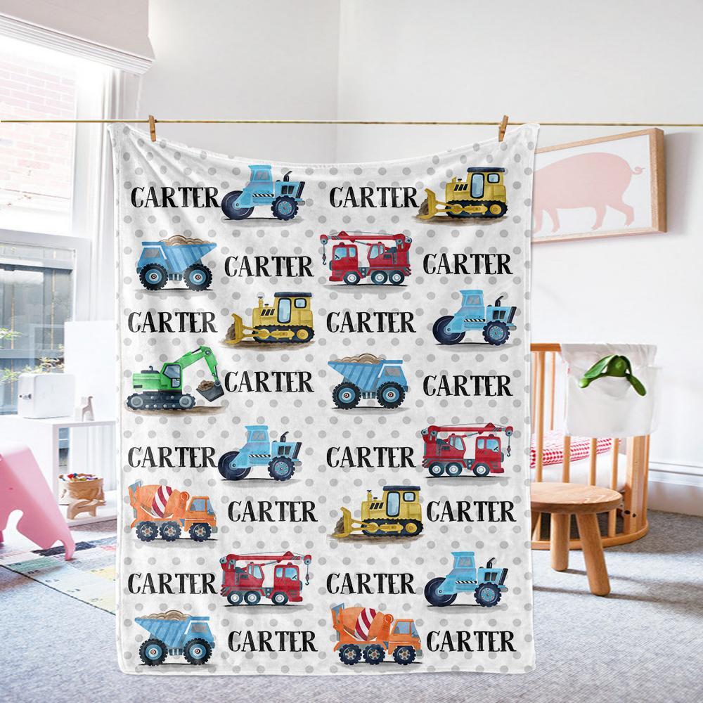 Personalized Name Construction Truck Cozy Plush Fleece Blankets