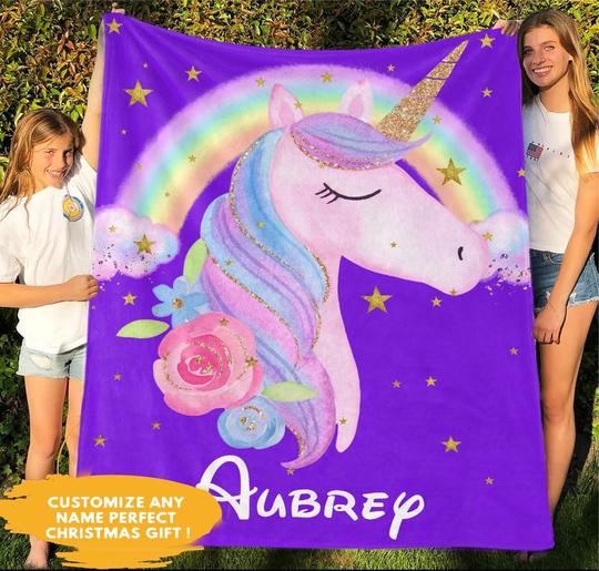 Custom Unicorn Sherpa Blanket with Name II, Personalized Baby Girl Blankets, Personalized Name Blankets