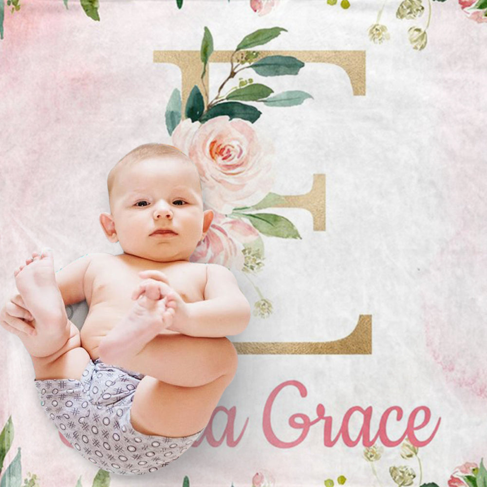 Custom Name Flower Baby Girl Blanket