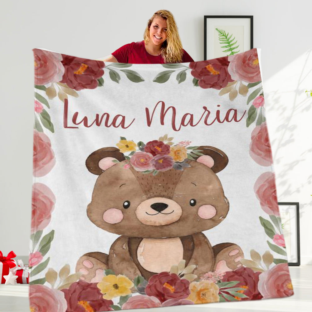 Personalized Baby Girl Name Blanket, Custom Koala Baby Name Blanket, Floral Baby Name Blanket, Baby Shower Gift, Animals Nursery。