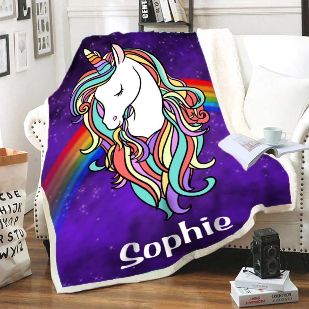 Custom Unicorn Sherpa Blanket with Name V, Personalized Baby Girl Blankets, Personalized Name Blankets