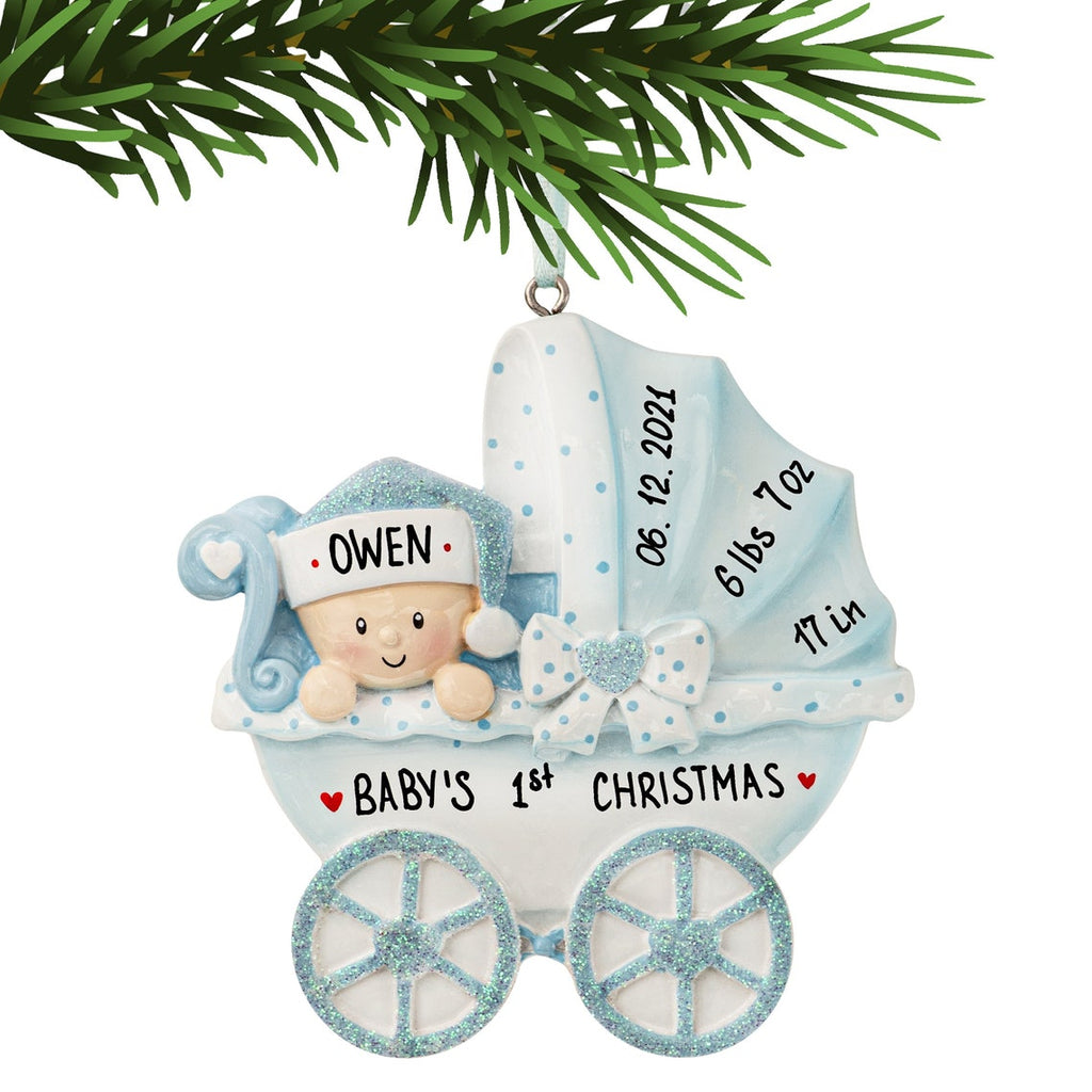 Baby's First Christmas, Personalized Baby Boy in Stroller Christmas Ornament, 1st Baby Ornament, Newborn Birth Stats Ornament,Xmas Gift 2021