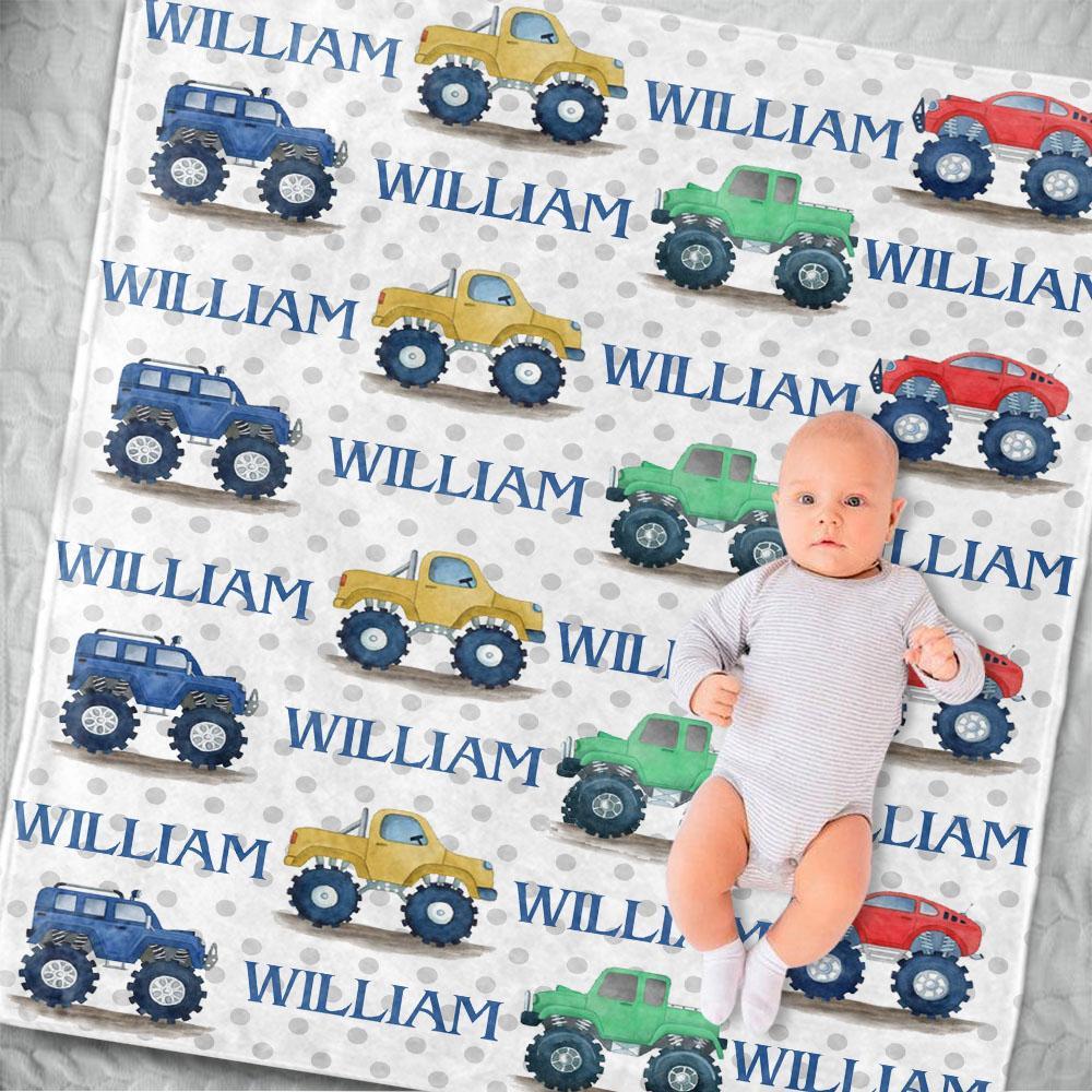 Personalized Name Monster Truck Cozy Plush Fleece Blankets