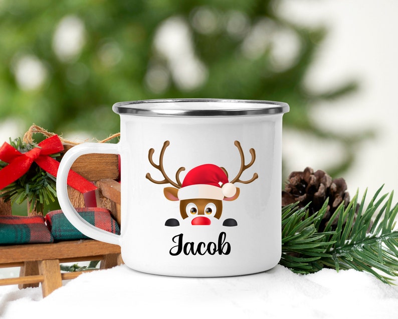 Personalised Enamel Reindeer Mug,Personalised Christmas Mug - Made In USA