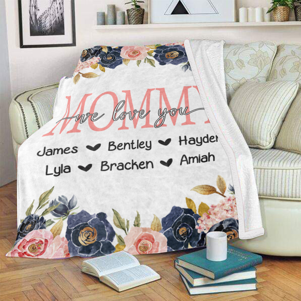 Custom Navy & Pink  Floral Cozy Plush Fleece Blankets with Your Nick & Kids' Names