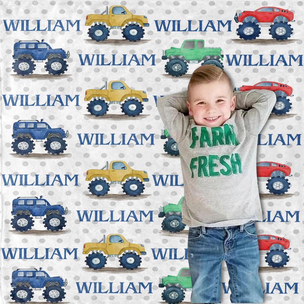 Personalized Name Monster Truck Cozy Plush Fleece Blankets