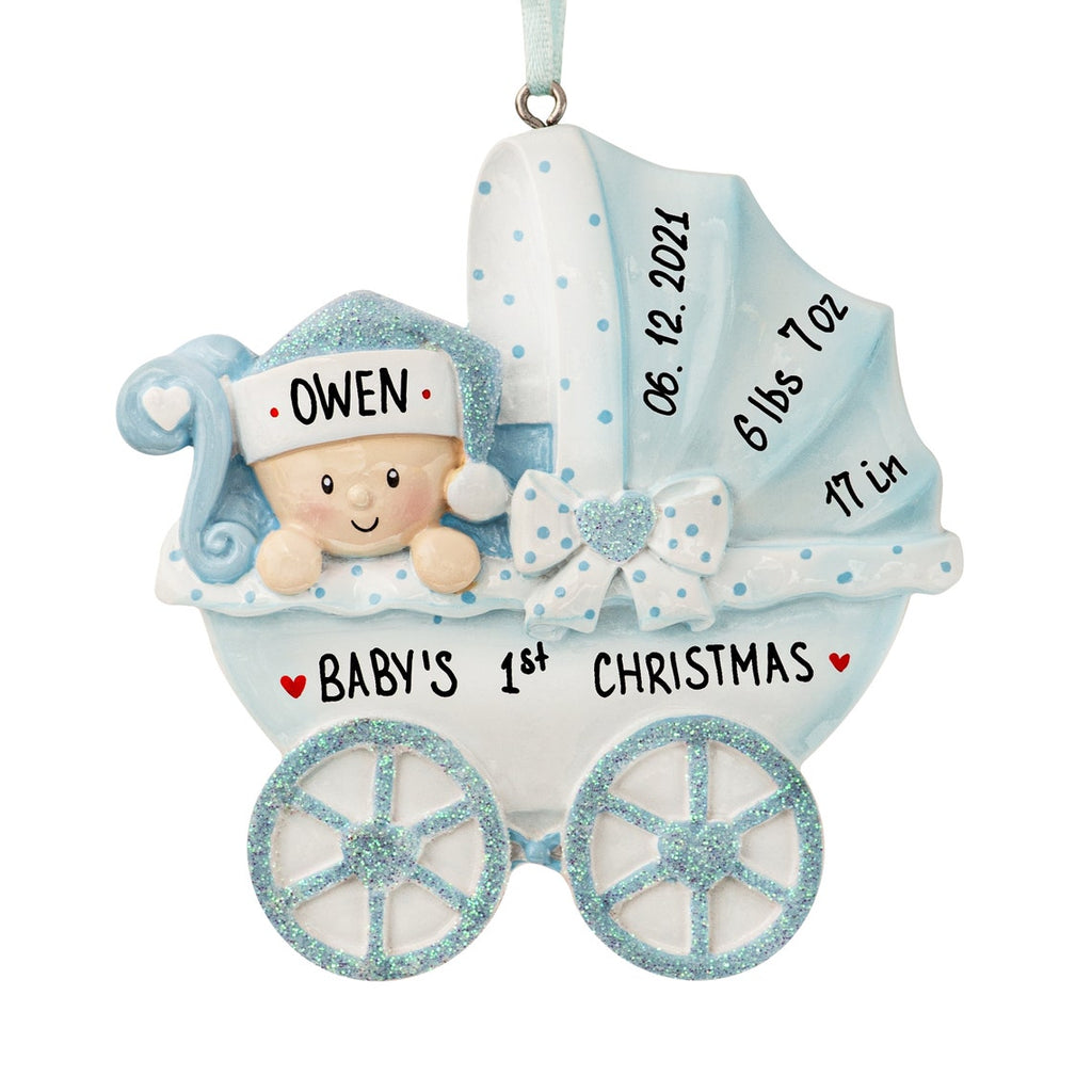 Baby's First Christmas, Personalized Baby Boy in Stroller Christmas Ornament, 1st Baby Ornament, Newborn Birth Stats Ornament,Xmas Gift 2021