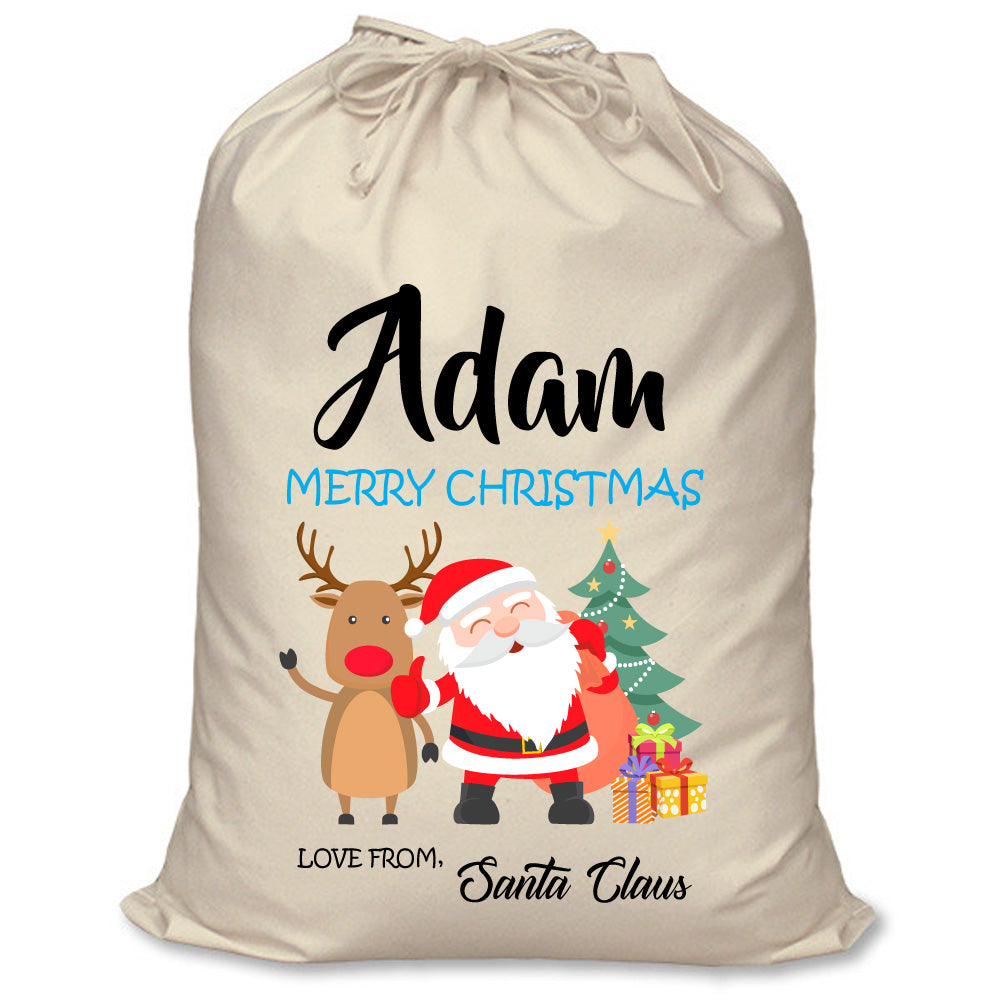 PERSONALISED SANTA SACK – SANTA AND RUDOLPH BLUE ADAM,NEW CHRISTMAS GIFT！