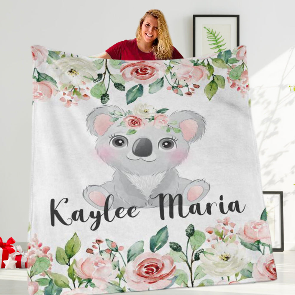 Personalized Baby Girl Name Blanket, Custom Koala Baby Name Blanket, Floral Baby Name Blanket, Baby Shower Gift, Animals Nursery。