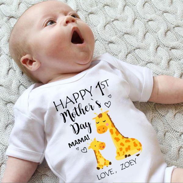 Custom Giraffe Mother's Day Baby Onesies and Matching Mom Shirts